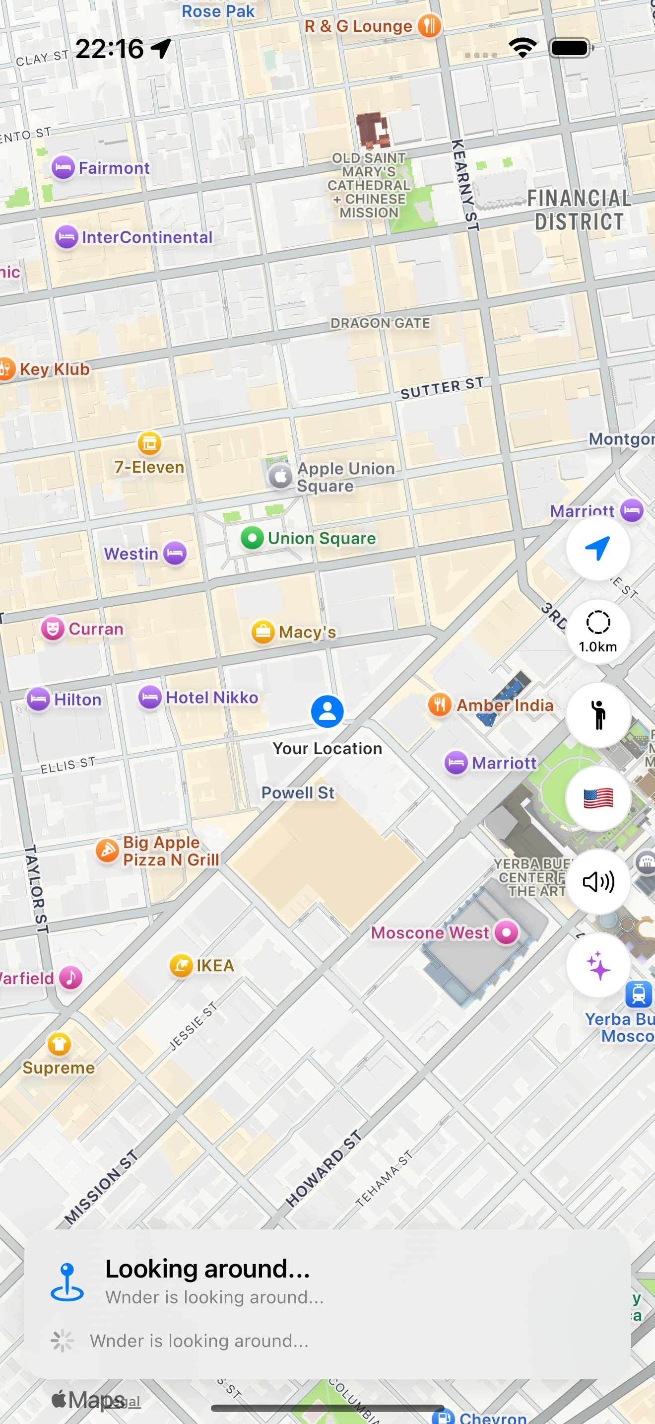 Wnder app showing a map with nearby places to explore